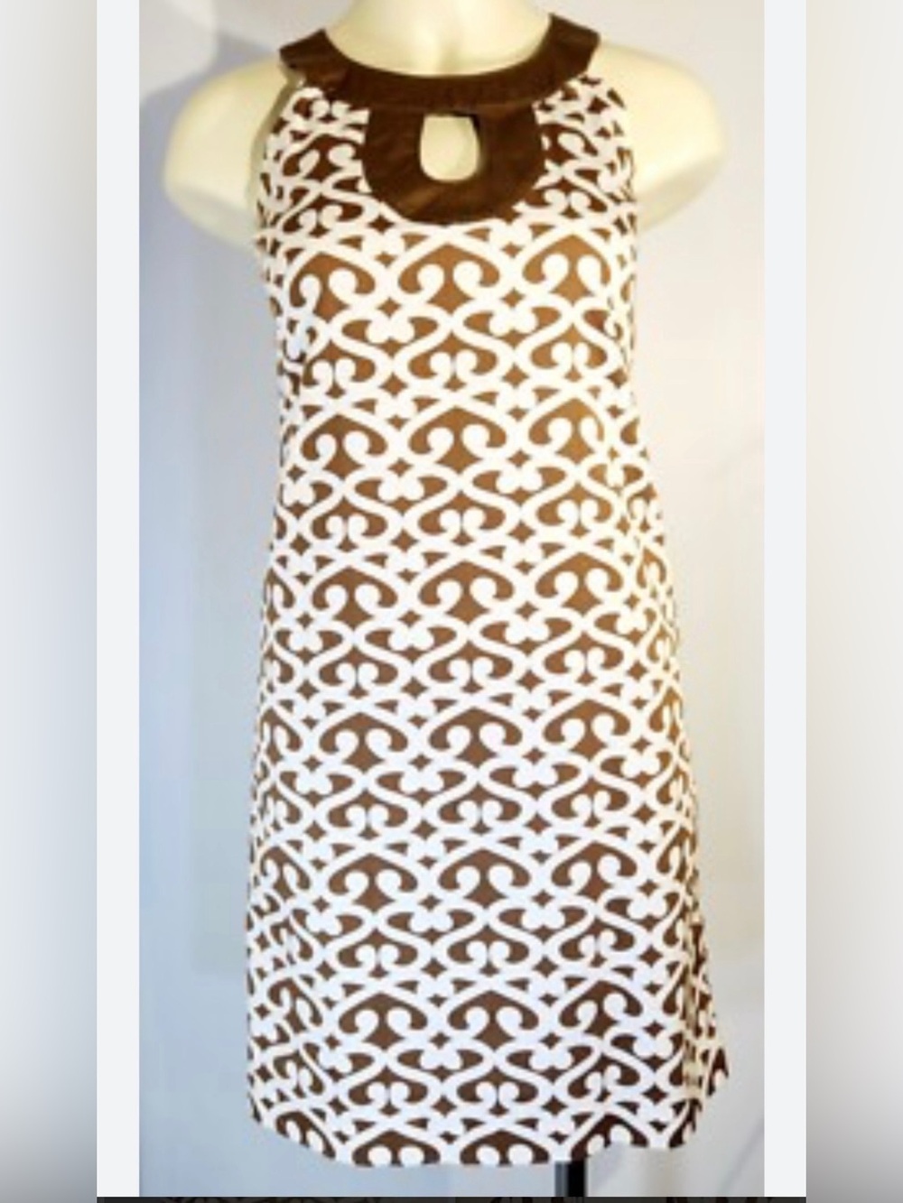 LOFT Brown and White Sleeveless Keyhole Shift Dress with Geometric Print
